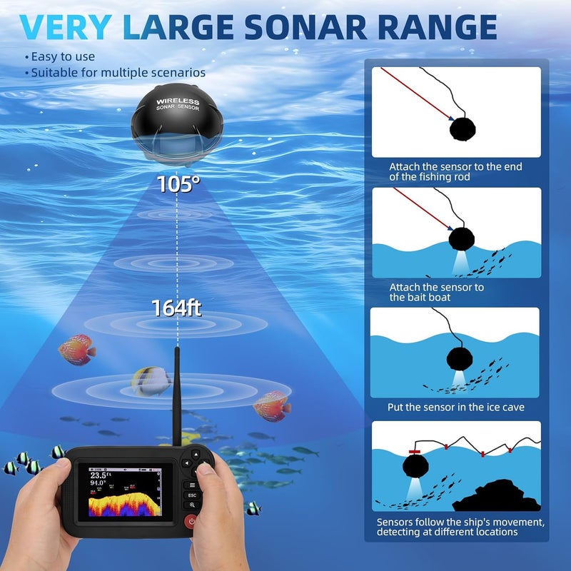 Fuceter Portable Rechargeable Fish Finder, Wireless Sonar FishFinder, Castable Kayak Depth Finder with 105° Beam Angle and TFT LCD Display, 2.6-164 FT of Depth Locator, for Shore, Sea ＆ Ice Fishing - Image 4